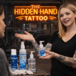 Tattoo artist explaining piercing aftercare to a customer at The Hidden Hand Tattoo studio in Denver, CO