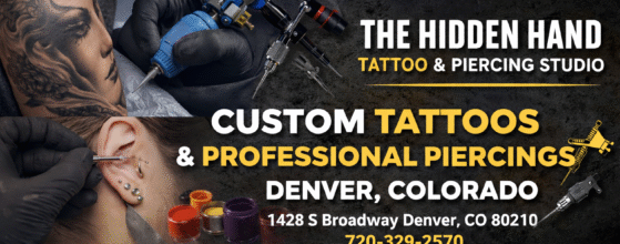 The Hidden Hand Tattoo & Piercing Studio in Denver CO offering custom tattoos, fine line, realism tattoos, and professional body piercing at 1428 S Broadway Denver CO 80210.