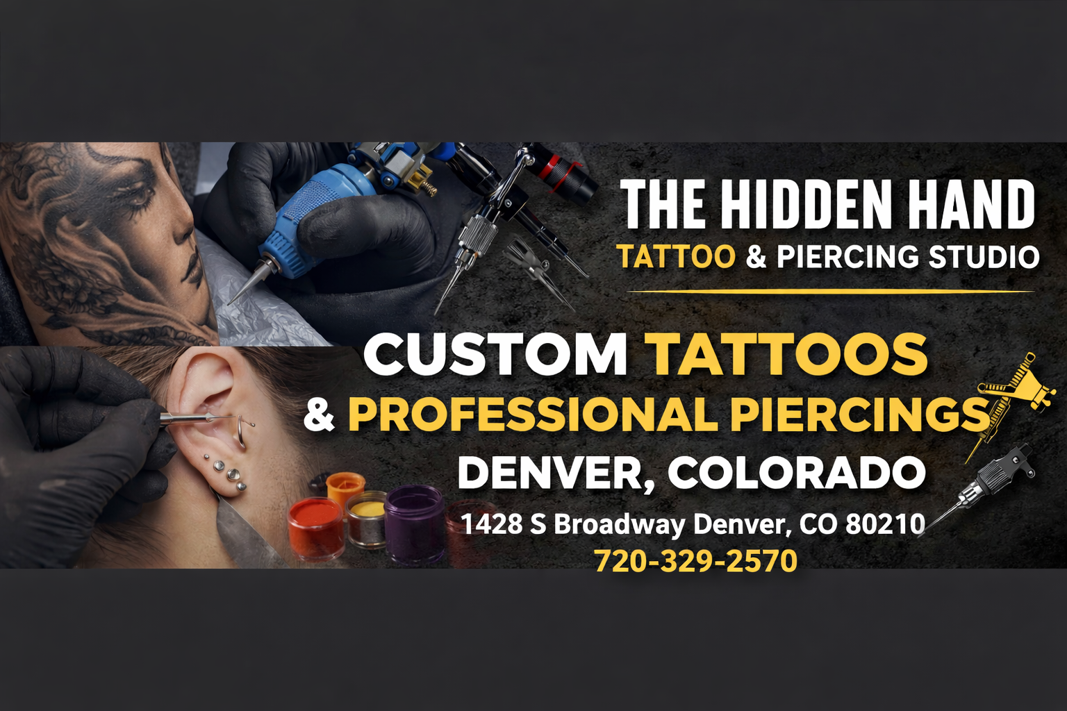 The Hidden Hand Tattoo & Piercing Studio in Denver CO offering custom tattoos, fine line, realism tattoos, and professional body piercing at 1428 S Broadway Denver CO 80210.