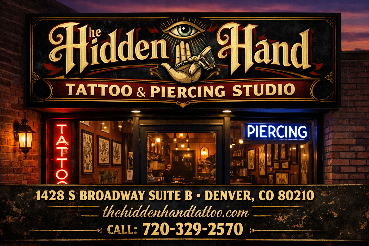 The Hidden Hand Tattoo & Piercing studio in Denver, CO on South Broadway offering professional tattoo and piercing services