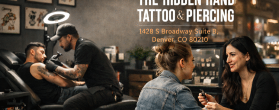 The Hidden Hand Tattoo & Piercing studio featured image with tattoo artist, piercing consultation, and business address in Denver, CO.