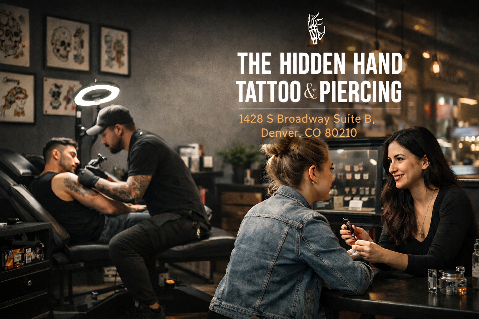 The Hidden Hand Tattoo & Piercing studio featured image with tattoo artist, piercing consultation, and business address in Denver, CO.