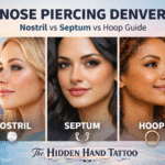 The Hidden Hand Tattoo feature image for Nose Piercing Denver guide showing nostril, septum, and hoop nose piercing styles in a clean modern design