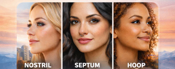 The Hidden Hand Tattoo feature image for Nose Piercing Denver guide showing nostril, septum, and hoop nose piercing styles in a clean modern design