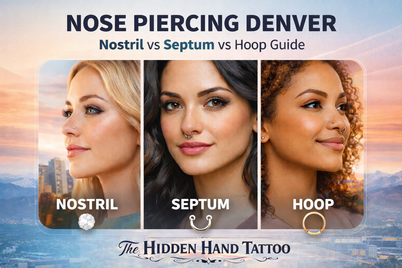The Hidden Hand Tattoo feature image for Nose Piercing Denver guide showing nostril, septum, and hoop nose piercing styles in a clean modern design