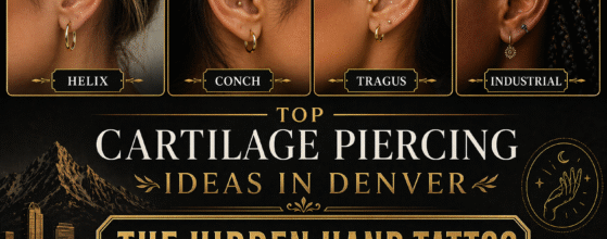 Top cartilage piercing ideas in Denver feature image by The Hidden Hand Tattoo showing helix, conch, tragus, and industrial ear piercing styles.