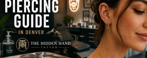 First-Time Piercing Guide in Denver feature image for The Hidden Hand Tattoo showing professional ear and nose piercing, clean studio setup, and business logo.