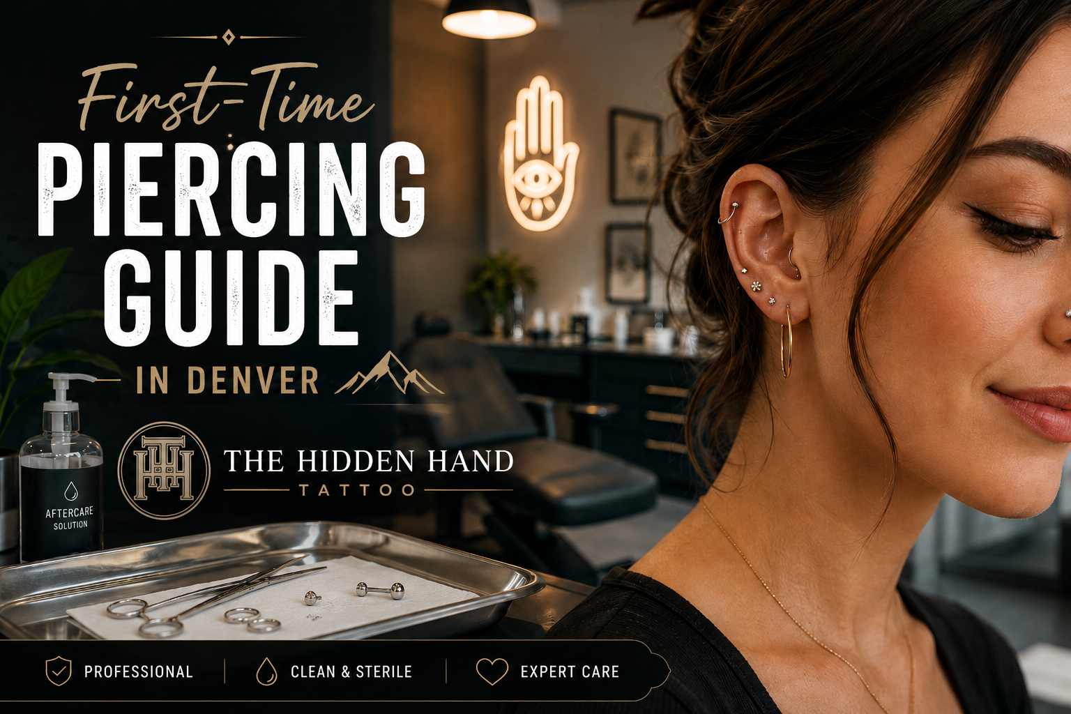 First-Time Piercing Guide in Denver feature image for The Hidden Hand Tattoo showing professional ear and nose piercing, clean studio setup, and business logo.