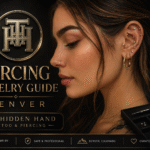 Piercing Jewelry Guide in Denver feature image for The Hidden Hand Tattoo & Piercing showing elegant ear and nose jewelry, premium piercing options, and professional studio branding.