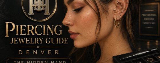 Piercing Jewelry Guide in Denver feature image for The Hidden Hand Tattoo & Piercing showing elegant ear and nose jewelry, premium piercing options, and professional studio branding.