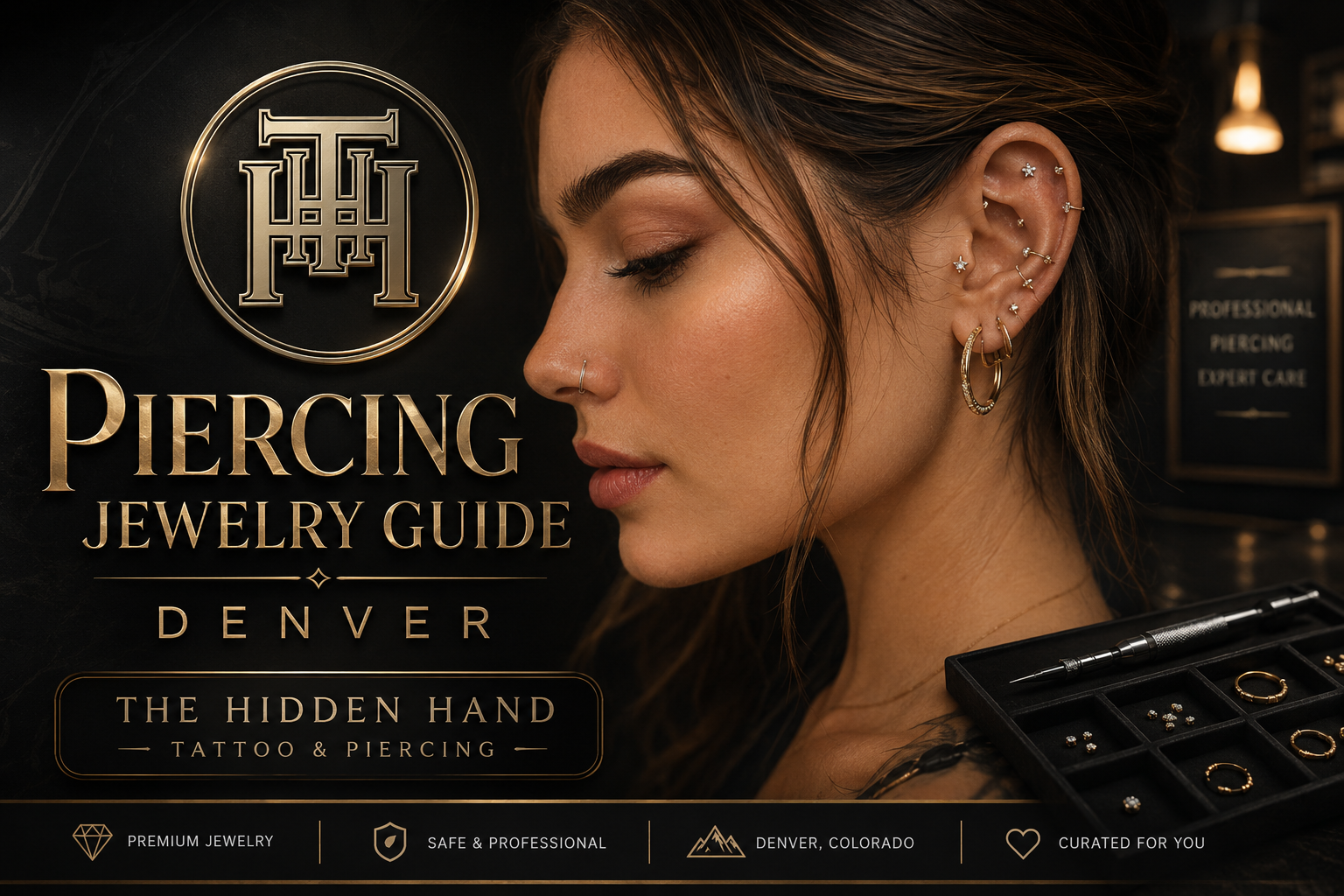 Piercing Jewelry Guide in Denver feature image for The Hidden Hand Tattoo & Piercing showing elegant ear and nose jewelry, premium piercing options, and professional studio branding.