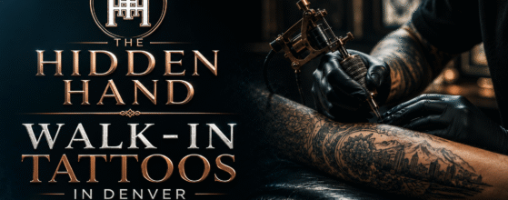 Premium feature image for The Hidden Hand Tattoo & Piercing Studio showing walk-in tattoos in Denver with a professional tattoo artist, branded logo, and luxury studio background.