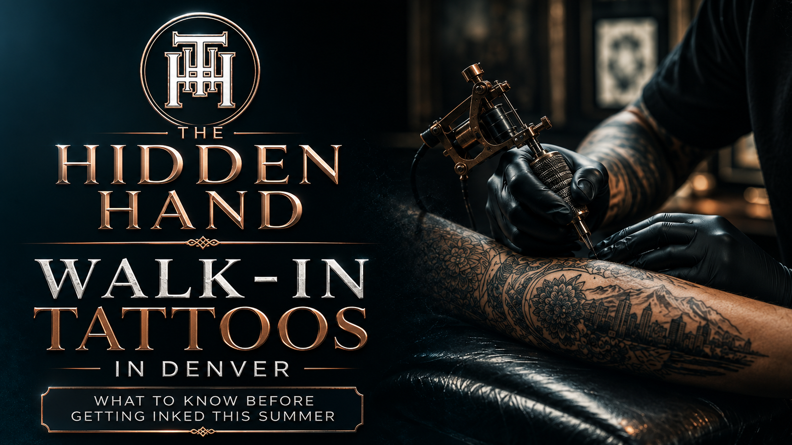 Premium feature image for The Hidden Hand Tattoo & Piercing Studio showing walk-in tattoos in Denver with a professional tattoo artist, branded logo, and luxury studio background. 