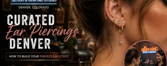 Curated ear piercings and personalized ear stack at The Hidden Hand Tattoo & Piercing Studio in Denver, Colorado