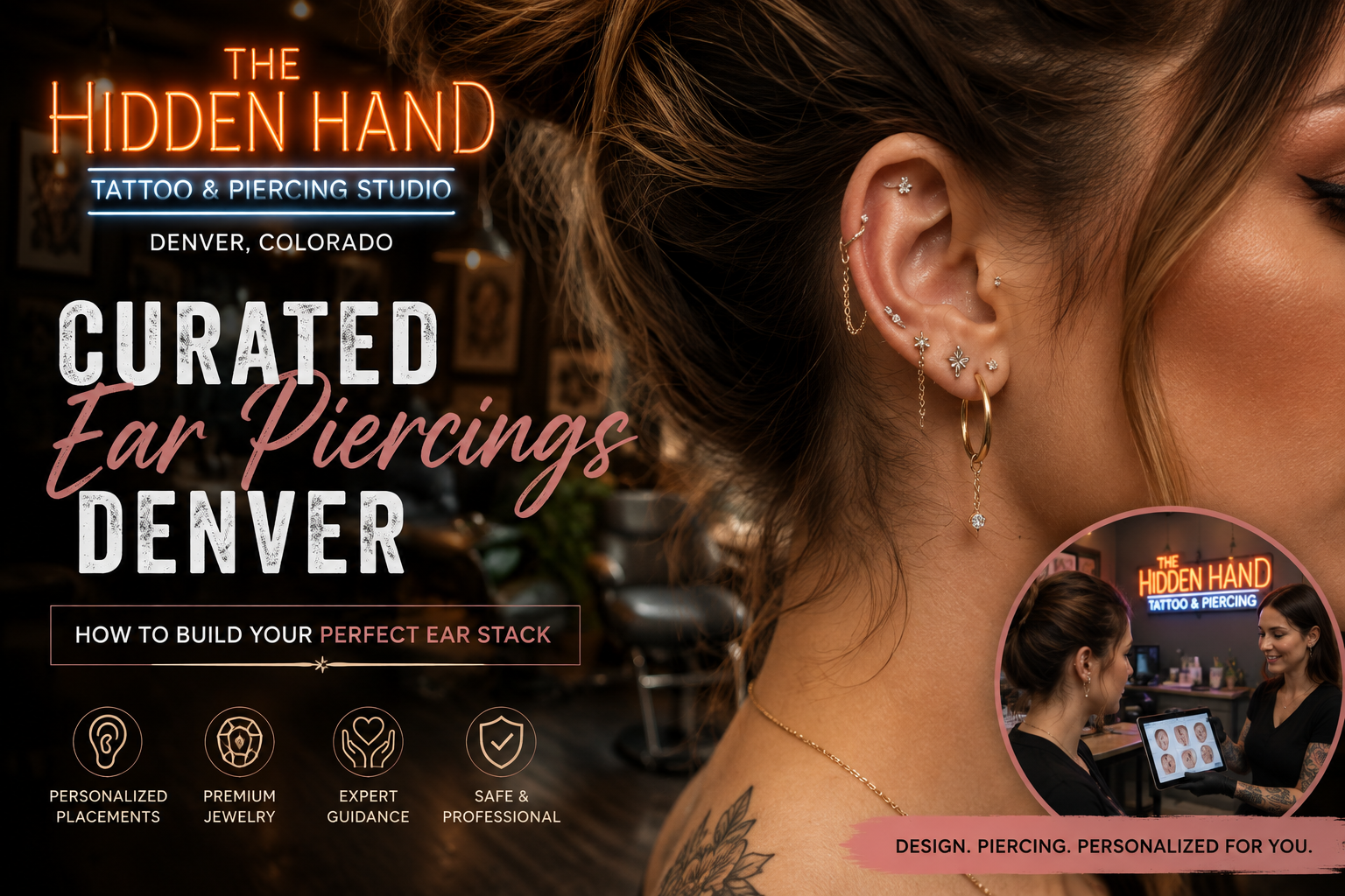 Curated ear piercings and personalized ear stack at The Hidden Hand Tattoo & Piercing Studio in Denver, Colorado